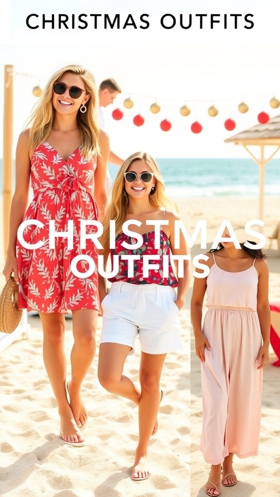 A collection of stylish Christmas outfits for warm Australian weather, displayed against a sunny beach backdrop.